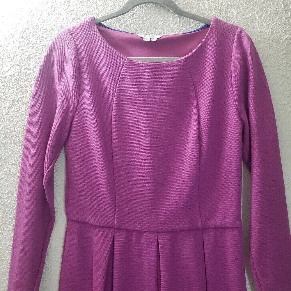 Boden Sz 10 R Purple Midi Dress Long Sleeve Scoop Neck Thick Fabric Box Pleated - Picture 2 of 10